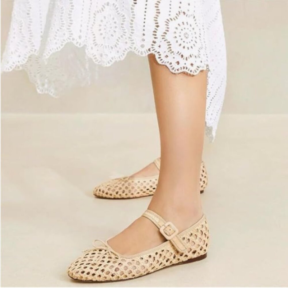 miss left Beige Cutout Bowknots Ankle Strap Mary Janes Round Toe Ballet Flats